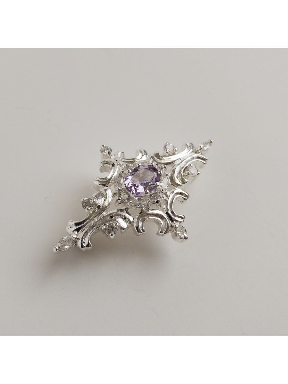 Vintage JC 925 Sterling Silver Amethyst Brooch Pin with Clear Crystal Rhinestone